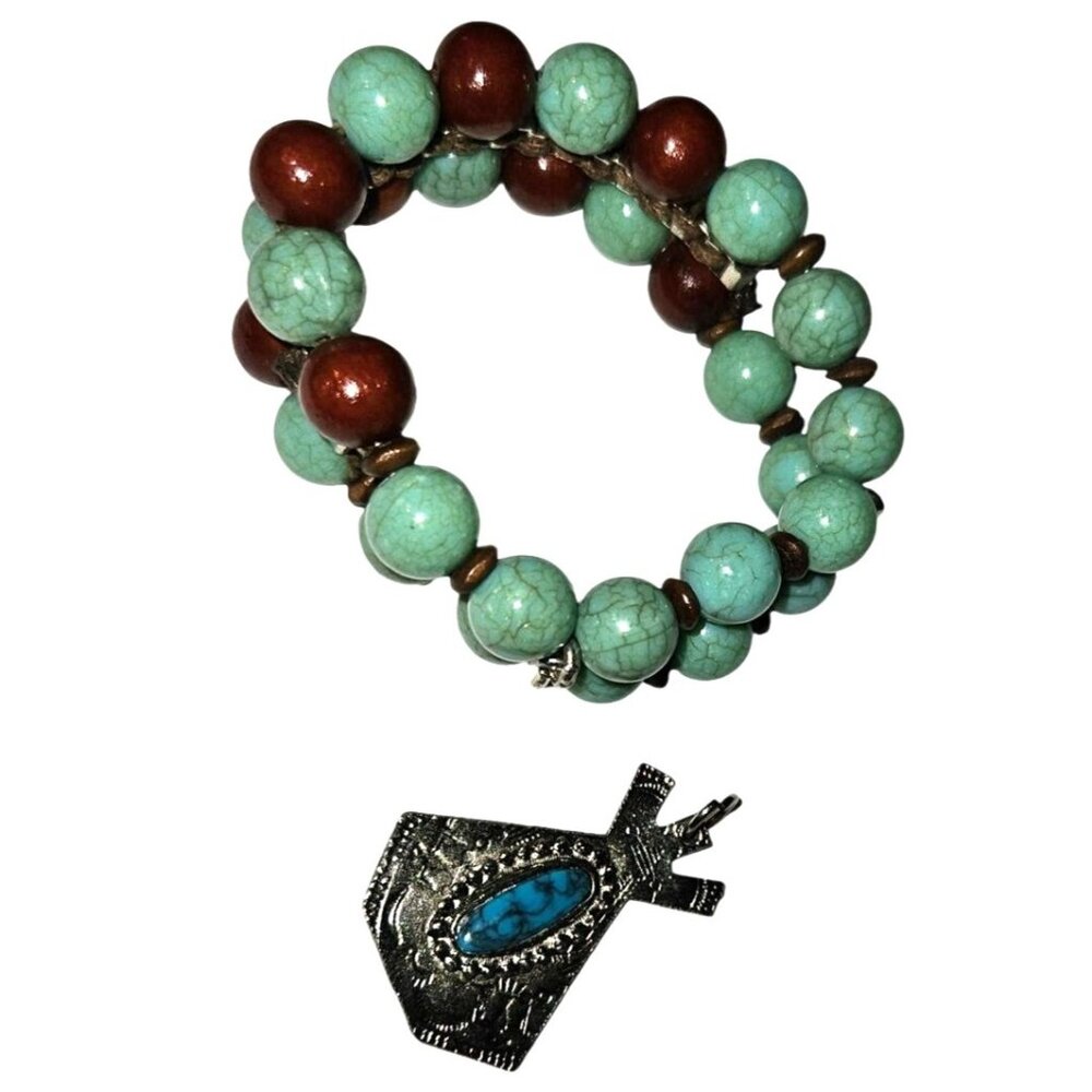 2 Vintage Pendant & Bracelet Wood Bead- Signed DACO Silver Tone Faux‎ Turquoise